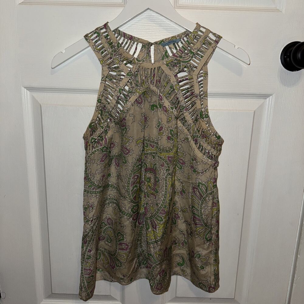 LEIFNOTES Anthropologie 100% Silk Sleeveless Blouse Cage Style Print Size‎ 6